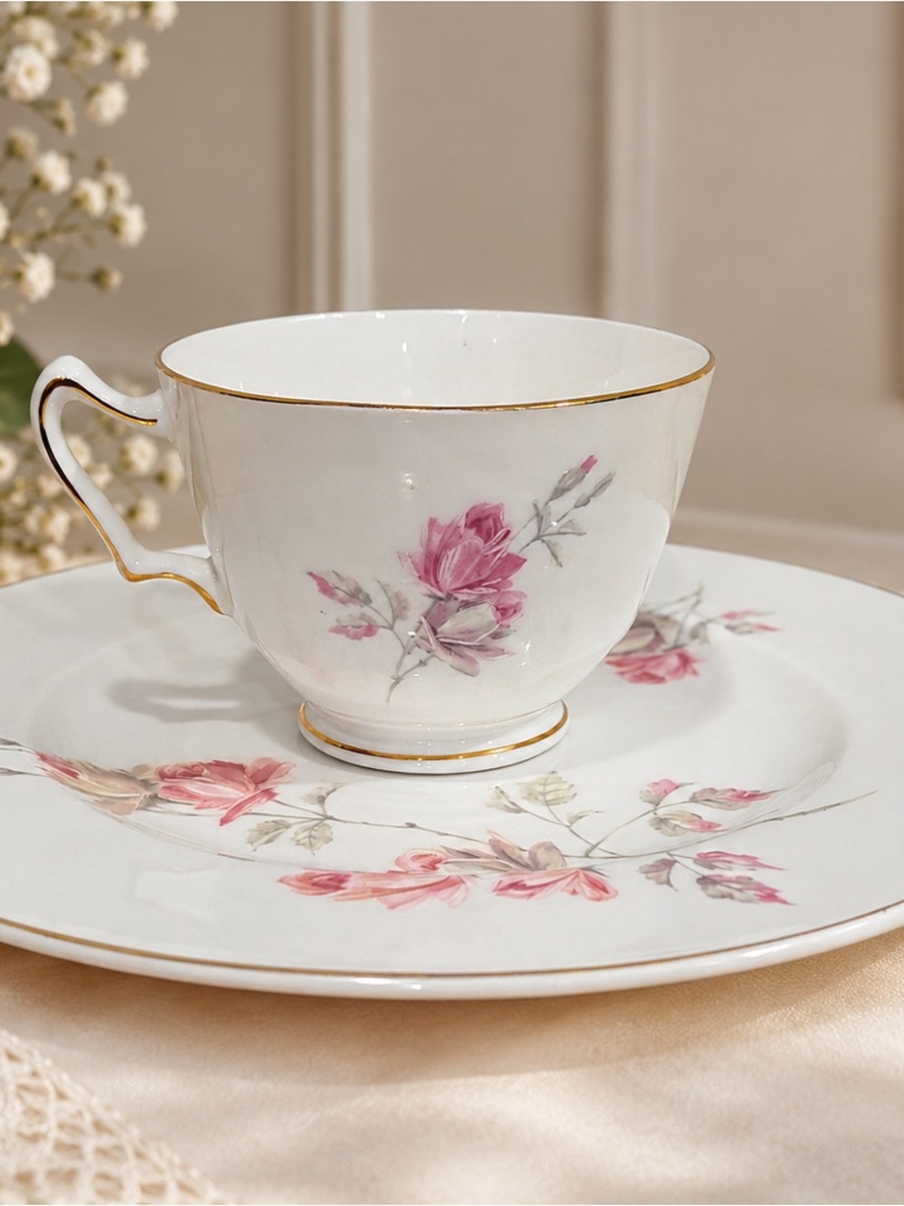 Crown Staffordshire Vintage Bone China England Pink Cabbage Rose Cup & Plate 40s